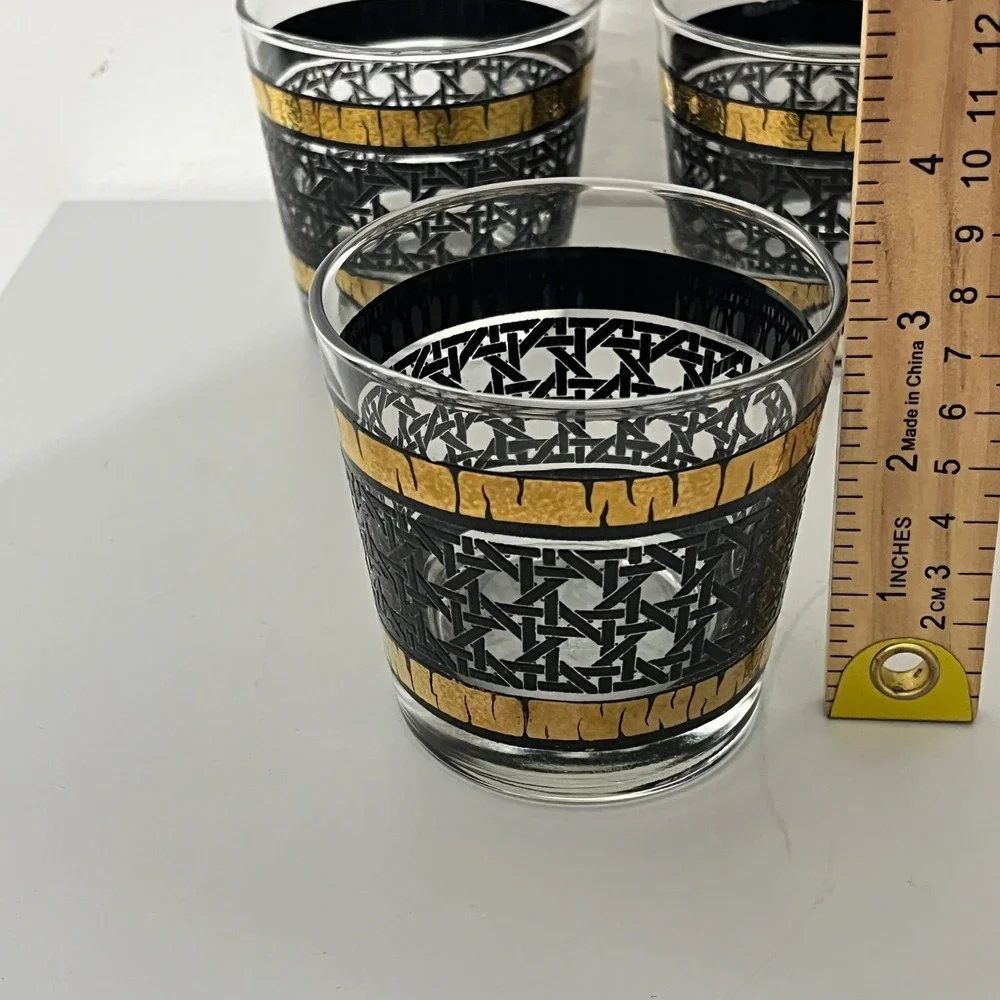 Libbey Glasses Vintage Black 22K Gold Basket Weave MCM Rocks Barware Set of 4